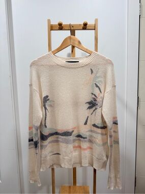 360 Cashmere Cream Crewneck Sweater with Pastel Palm Print